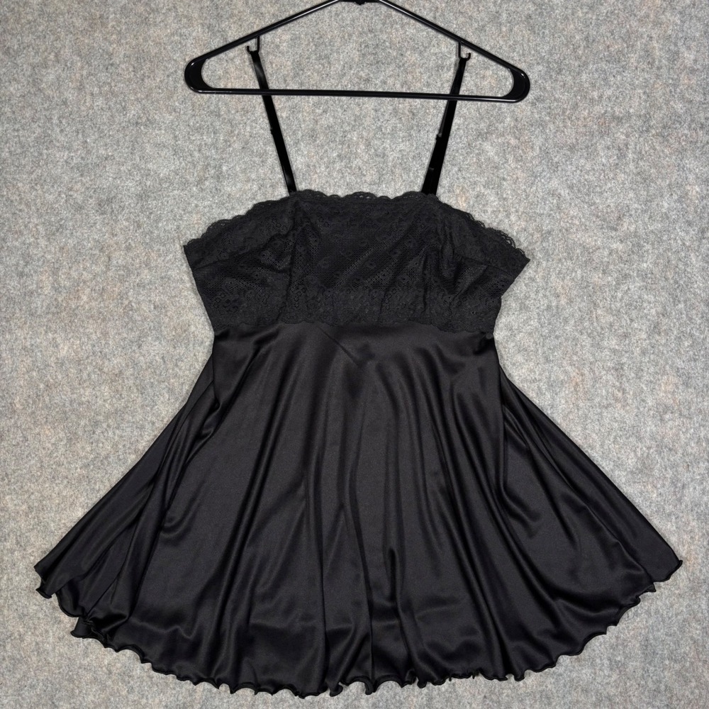 Val Mode Lingerie Babydoll Chemise M Black Lace Yoke Slip Nightgown Coquette VTG